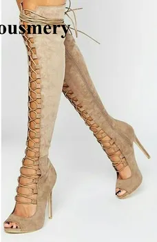 Moda das Mulheres Aberto Toe de Camurça de Couro de Renda-até a altura do Joelho, Gladiador Botas de Corte Correia Enrole Sandália de Salto Alto Botas Sapatos