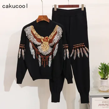 Cakucool 2019 Outono, As Mulheres Formam A Malha De Duas Peças De Conjunto De Streetwear Casual Águia De Lantejoulas Beading Embroid Terno Pantalon Conjuntos De Femme