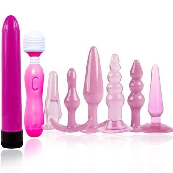 8pc/set Sexo Varinha Mágica Vibrador Ponto G Vagina Massagem Anal Esferas de Silicone Butt Plug Estimulador de Clitóris Vibrador Adultos Brinquedos Sexuais