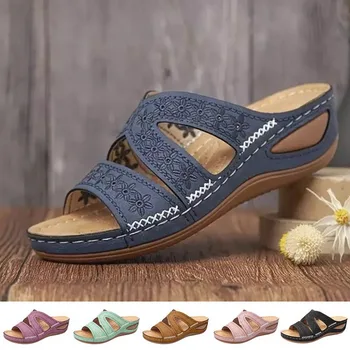 2022 Verão as Mulheres Sandálias de Cunha Ortopédico Premium Open Toe Sandálias Vintage Anti-derrapante Casual de Couro Feminino Plataforma Retro Sapatos