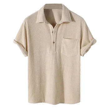 Casual Cor Sólida Homens de Meia Casaquinho de Lapela da Camisa dos Homens do Bolso Superior Short Sleeve Top