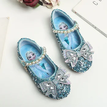 Disney Primavera-Verão da Nova Congelado de Couro Sapatos de Cristal Arco de Lantejoulas infantis casuais sapatos de Princesa elsa Cristal sandálias