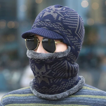 Masculino pulôver de uma peça de chapéu à prova de vento da orelha chapéu de malha malha térmica espessamento homem de tricô touca térmica