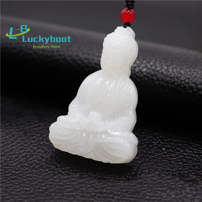 Jade branco Budismo Colar Pingente Mulheres Chinesas Presentes Amuleto para Homens Moda Esculpida Natural Jóias Charme Imagem 0
