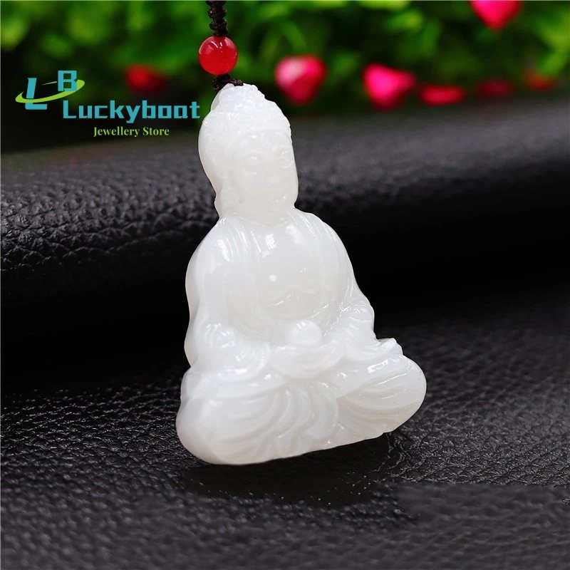 Jade branco Budismo Colar Pingente Mulheres Chinesas Presentes Amuleto para Homens Moda Esculpida Natural Jóias Charme Imagem 2