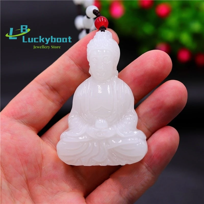 Jade branco Budismo Colar Pingente Mulheres Chinesas Presentes Amuleto para Homens Moda Esculpida Natural Jóias Charme Imagem 3