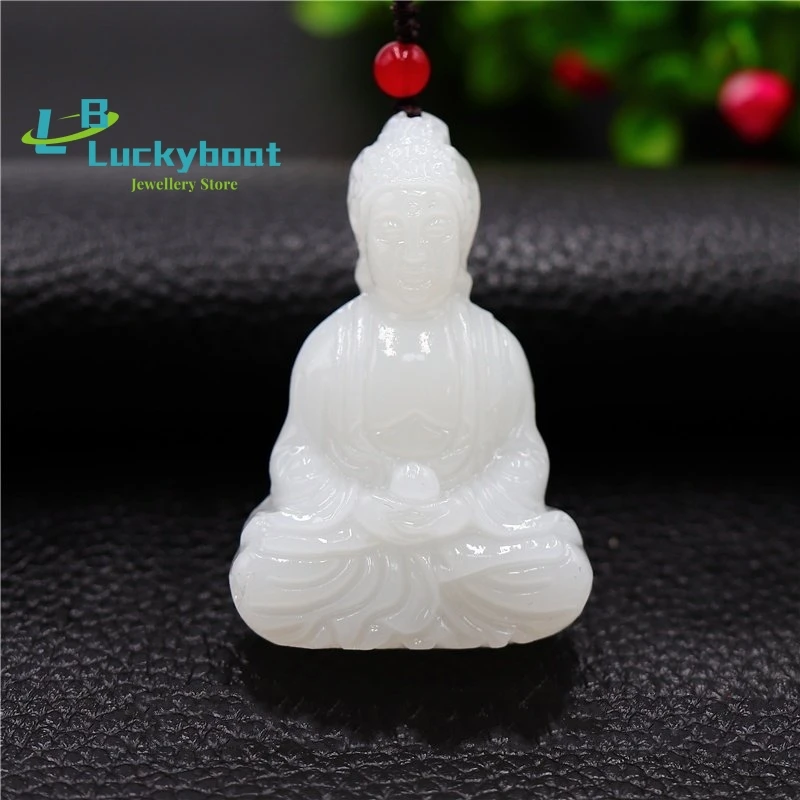 Jade branco Budismo Colar Pingente Mulheres Chinesas Presentes Amuleto para Homens Moda Esculpida Natural Jóias Charme Imagem 4