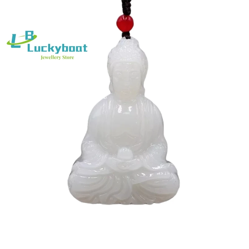 Jade branco Budismo Colar Pingente Mulheres Chinesas Presentes Amuleto para Homens Moda Esculpida Natural Jóias Charme Imagem 5