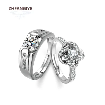 Moda Prata 925 Jóias Anéis com Zircão pedra preciosa 2 em 1 Abrir o Anel de Dedo Definido para as Mulheres, Homens Amante de Casamento Promessa Festa Presente