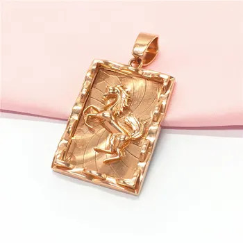 Clássico 585 roxo de ouro zodíaco cavalos colar banhado a 14K ouro rosa pingente de design tridimensional de luxo, mulheres de jóias