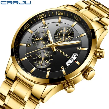Relógio masculino crrju de melhor marca de luxo de negócios de moda quartzo relógio homens de esportes de aço, à prova d'água preto relógio relógio masculino