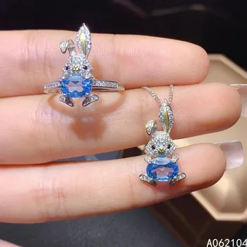 KJJEAXCMY fina prata esterlina da jóia 925 embutidos Natural Topázio Azul de Mulheres populares vintage coelho jóia anel pingente de terno suporte