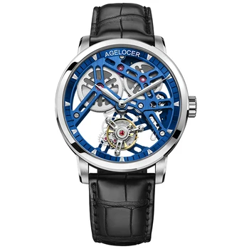 AGELOCER Esqueleto Mecânico Turbilhão de Homens Relógio de Couro Impermeável de melhor Marca de Luxo Azul Turbilhão relógio masculino