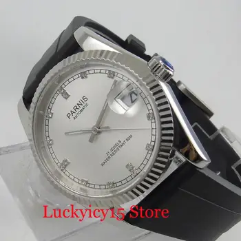 PARNIS 36mm Mechancial Homens Relógio de Mostrador Branco Com Cristal de Safira Data de Exibição SS caixa de Relógio Pulseira de Borracha Movimento Automático