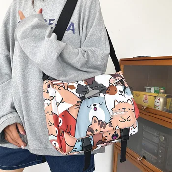 As mulheres Japonesas lona Faculdade de estilo saco de ombro desenhos animados do gato menina estudante saco crossbody