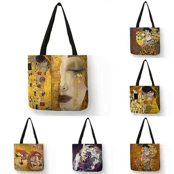 Personalizado Pintura a Óleo Lágrimas Pano de Linho Sacolas para as Mulheres Famosas Gustav Klimt Ladise Moda Bolsa Capacidade de Sacolas de Compras