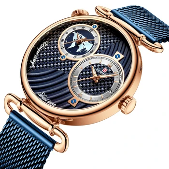Homens Relógios de Marca de Topo Luxo Azul Duplo Visor do Relógio dos Esportes Fino de Malha Impermeável Relógio de Quartzo relógio de Pulso Para Homens Relógio Mas