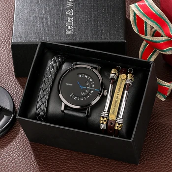 Luxuoso Relógio de Quartzo Pulseira Conjunto de Presente para os Homens de Couro Banda de Moda Casual Criativo mesa Giratória de Relógios de pulso Regalos Para Hombre