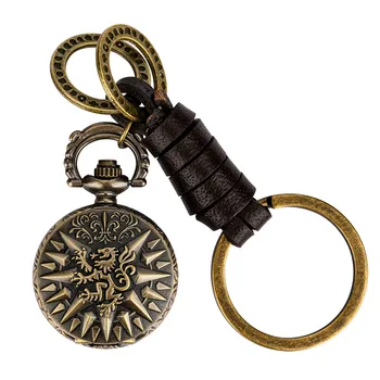 Moda antiga Leão que Ruge, Padrão de Tamanho Pequeno Relógio de Bolso de Quartzo Display Analógico árabe Numeral com Pingente de Chave Anel de Cadeia Reloj