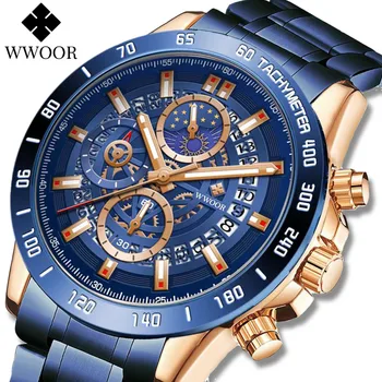 WWOOR Homens Marca de relógios de Luxo Impermeável de Aço Inoxidável Cronógrafo de Esportes Militares Quartzo Relógio Homens Relógio Relógio Masculino+CAIXA