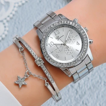 2PC 2022 Diamant Frauen Luxus Marke Uhr Strass Elegante Damen Uhren Ouro Uhr 3 Augen Handgelenk Uhren Für Frauen relógio