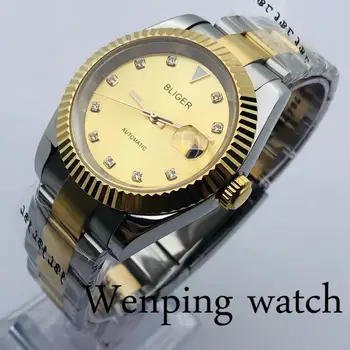 Bliger 40mm Homens de alto Luxo Relógio Mecânico Prata, Ouro Sapphire Vidro do Mostrador em Ouro Data Impermeável Homens Relógio Automático