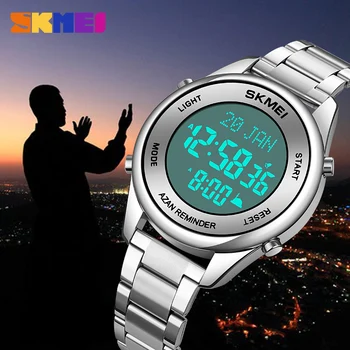 Marca SKMEI Muçulmano Qibla Homens Relógios Digitais Moda Chrono Relógio Eletrônico de Luxo de Aço Inoxidável dos Homens Cronómetro Masculino