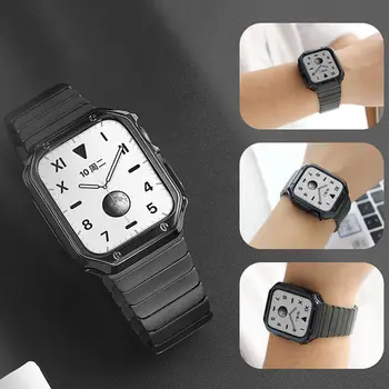 Metal inoxidável Faixa de Relógio Com Pulseira de Soft Case Para Apple Assistir Série 7 6 5 4 3 SE 45mm 41mm 44mm 40mm 42mm Amortecedor Tampa do Quadro