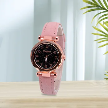 Roze Sterrenhemel Heldere Vrouwen Horloge Koreaanse Rosa Goud Quartzo Horloge Dames Horloge Modo Lederen-Riem Horloge