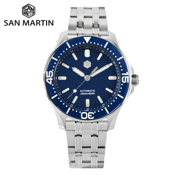 San Martin Relógio de mergulho 41,5 mm Mostrador Azul de Luxo, Relógios de Homens de Alta Qualidade Vintage Mecânico Automático de Aço Inoxidável BGW9 Assistir
