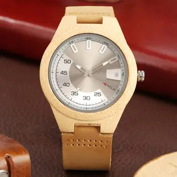 Criativo Liga de Marcação de Hora e Minuto Funções de Exibição de Madeira de Bambu Relógio Exclusivo dos Homens Relógio de pulseira de Couro de Quartzo Relógio Masculino