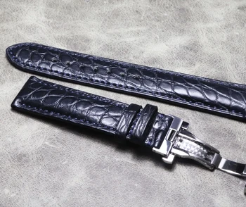 Nova faixa de Relógio azul escuro 20mm 21mm 22mm couro de crocodilo borboleta fivela de cinta de pelica inferior bracelete pulseira vintage