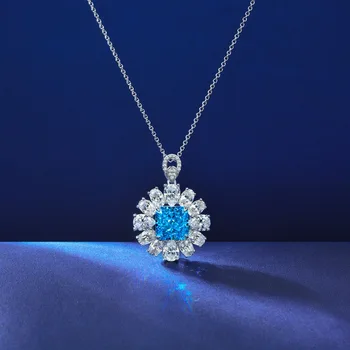 Luxo Pingentes Colares Para as Mulheres 925 Prata Esterlina Diamante Azul Fêmea Jóias Pingente de Senhoras 40cm Amarelo Colar Pingente