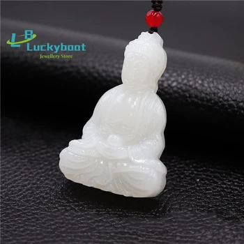 Jade branco Budismo Colar Pingente Mulheres Chinesas Presentes Amuleto para Homens Moda Esculpida Natural Jóias Charme